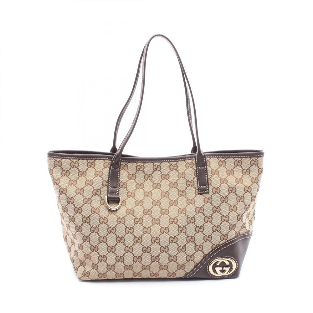 Gucci Brit Tote Bag Canvas Leather Beige Brown